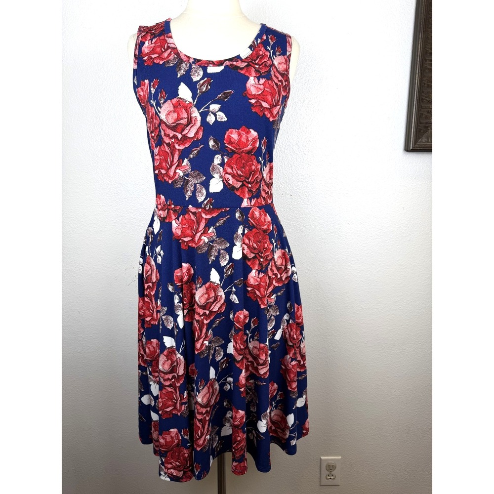 LulaRoe Nicki Blue Red White Roses Swing Dress w/pockets Size M